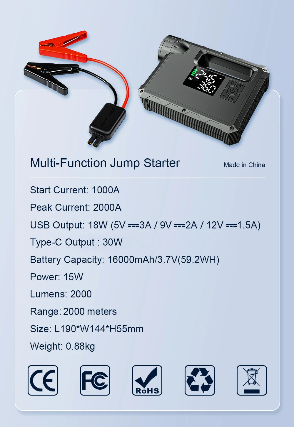MultiFunction Jump Starter (5 in 1) 1: Car Jump Start 2: Air Pump 3: Super Bright Flash Light 4: Night Light 5: Power Back for Phone and Laptops