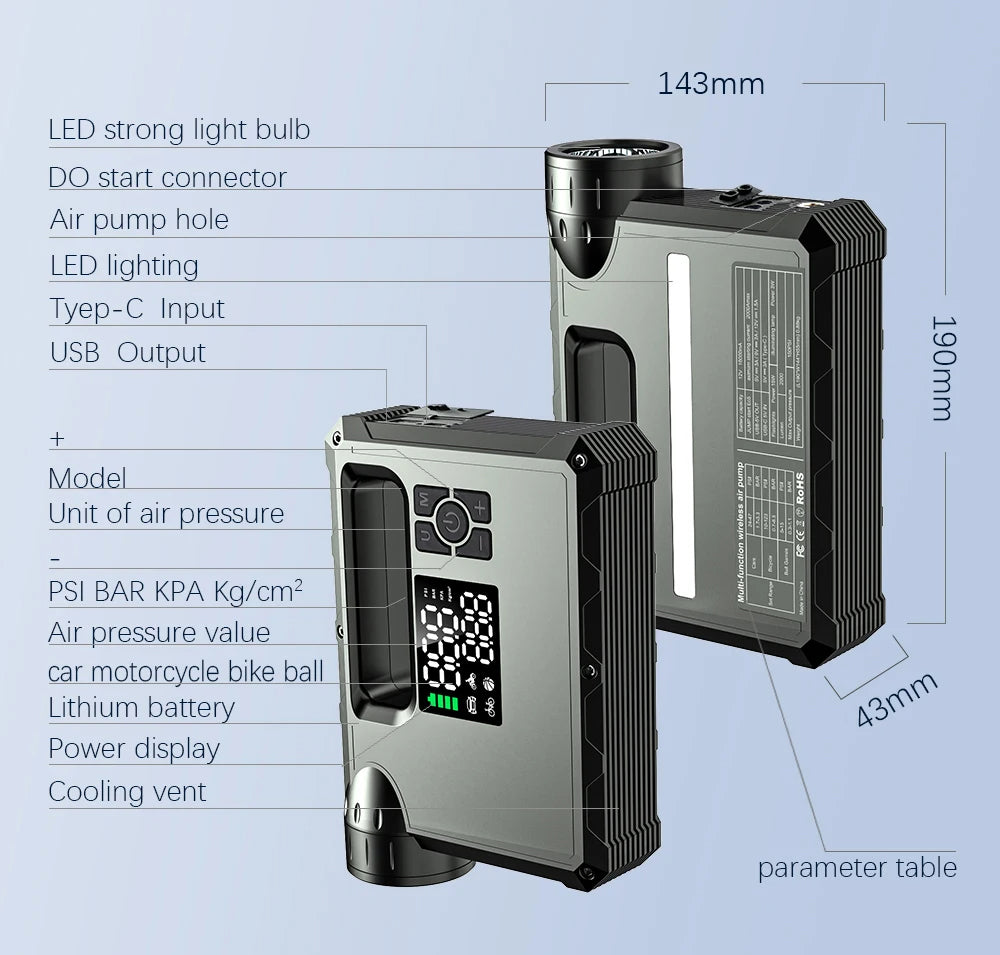 MultiFunction Jump Starter (5 in 1) 1: Car Jump Start 2: Air Pump 3: Super Bright Flash Light 4: Night Light 5: Power Back for Phone and Laptops