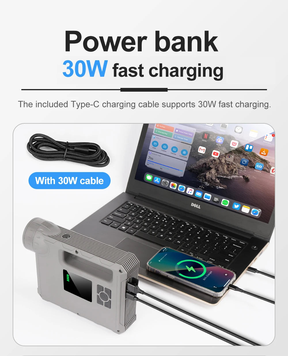 MultiFunction Jump Starter (5 in 1) 1: Car Jump Start 2: Air Pump 3: Super Bright Flash Light 4: Night Light 5: Power Back for Phone and Laptops