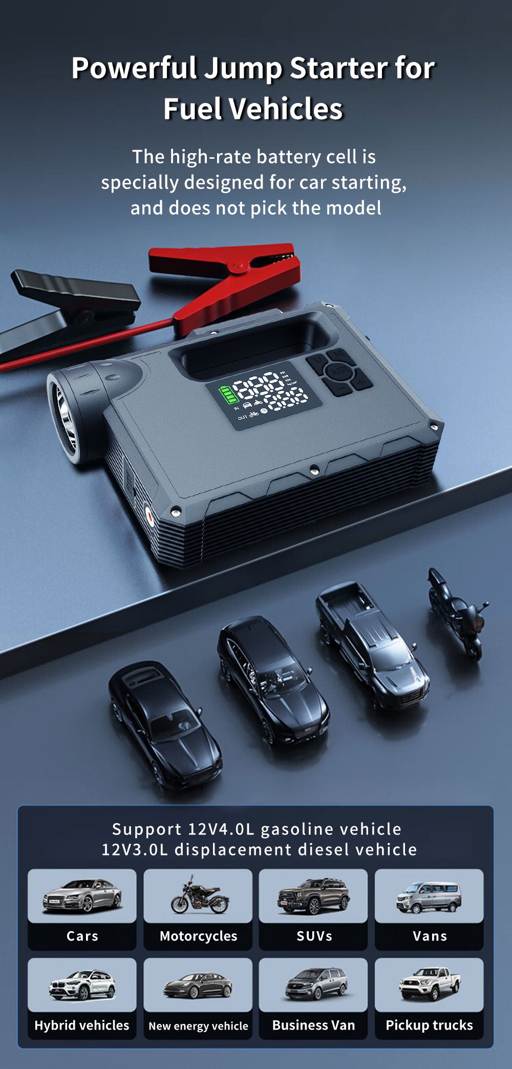 MultiFunction Jump Starter (5 in 1) 1: Car Jump Start 2: Air Pump 3: Super Bright Flash Light 4: Night Light 5: Power Back for Phone and Laptops