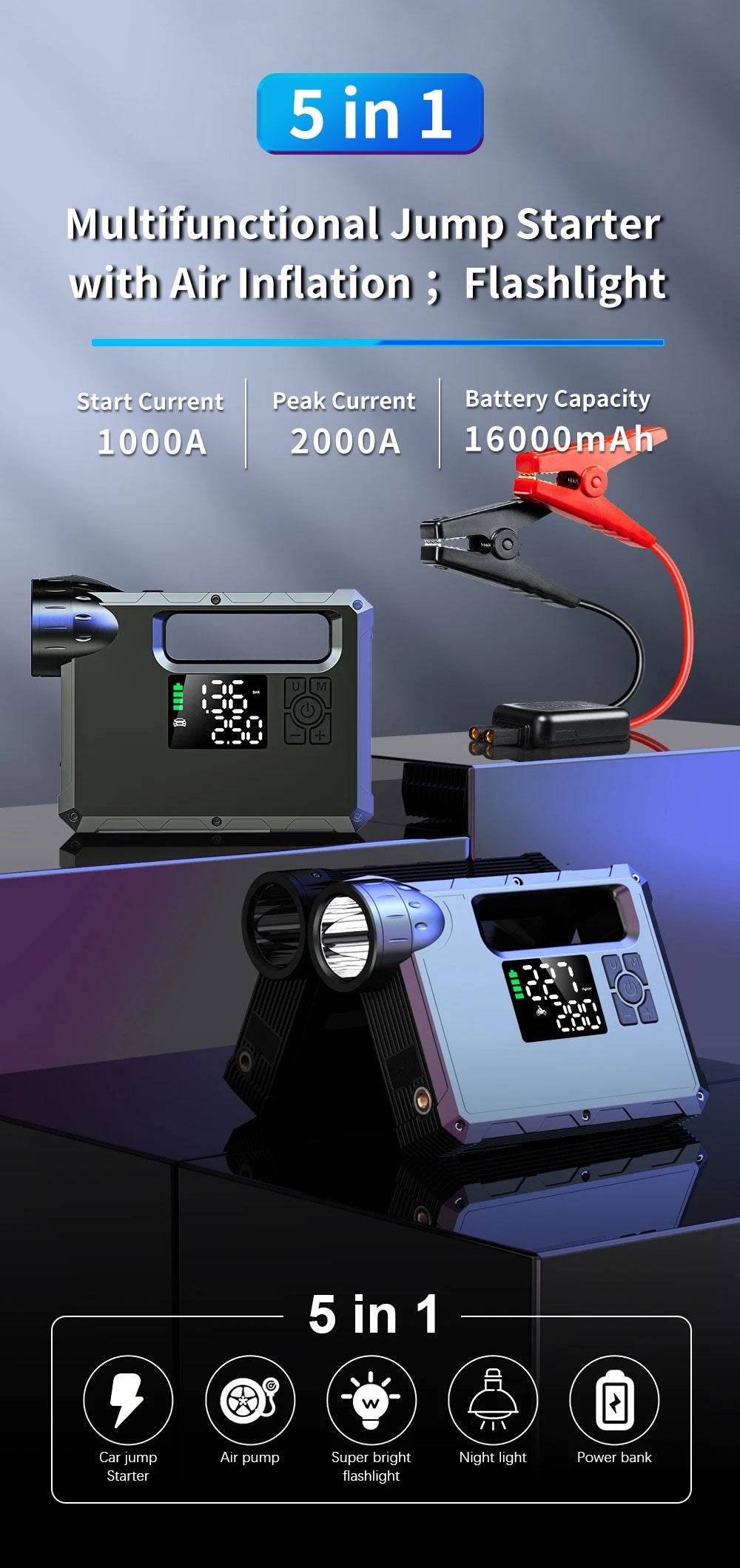MultiFunction Jump Starter (5 in 1) 1: Car Jump Start 2: Air Pump 3: Super Bright Flash Light 4: Night Light 5: Power Back for Phone and Laptops